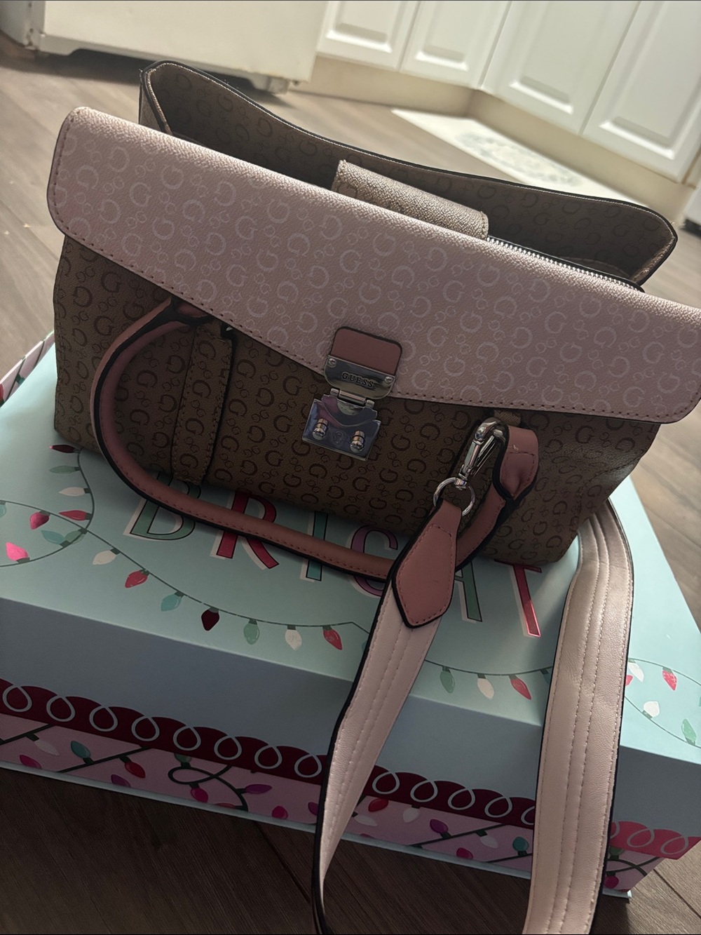 Guess Pink and Brown Top-Handle Satchel with Crossbody chain